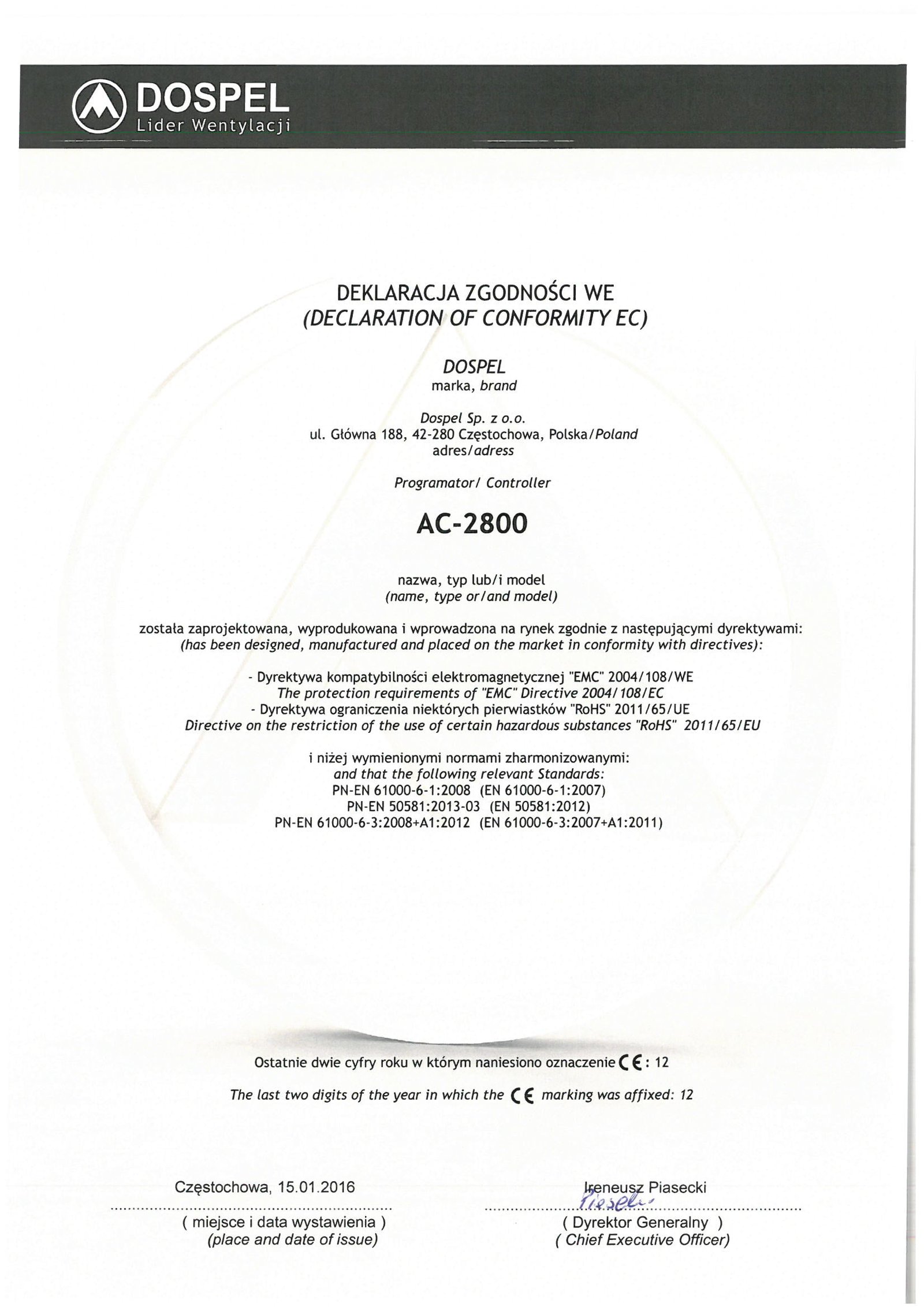 Wentylacja, C2800, certyfikat, deklaracja zgodności