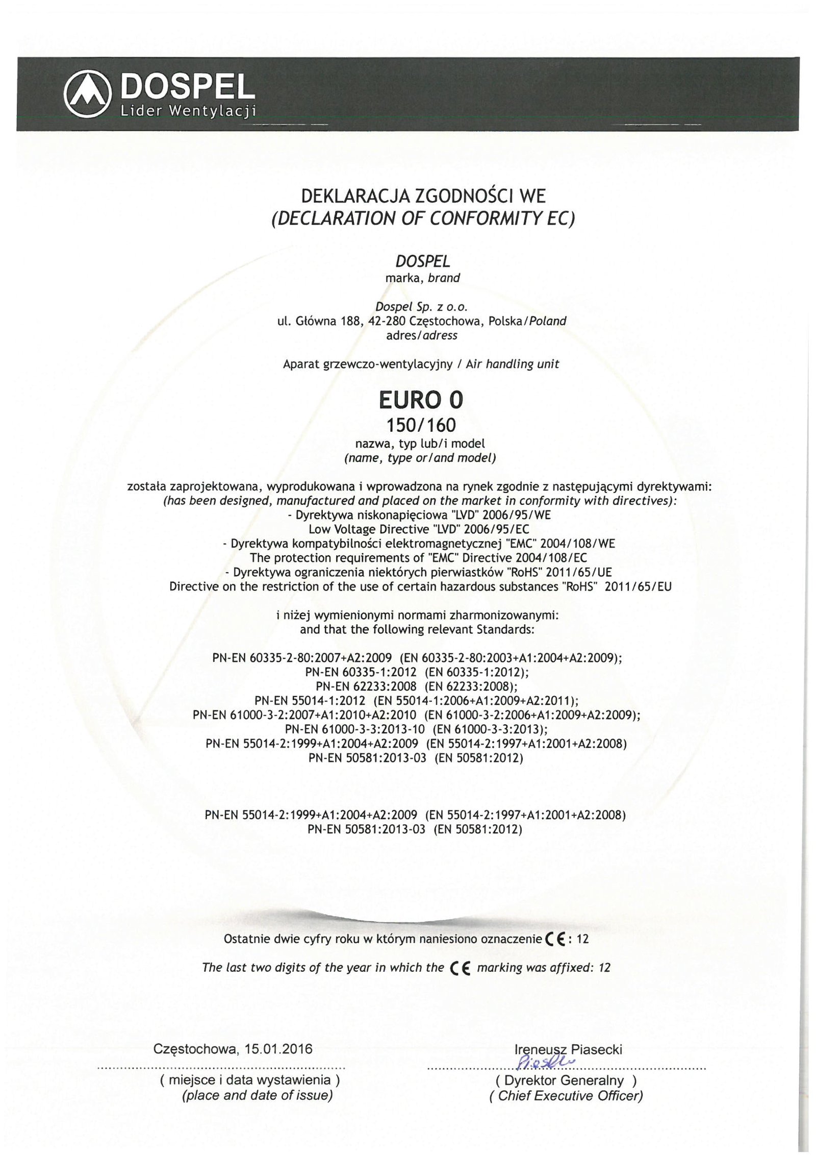 Wentylator domowy, EURO 0, certyfikat, deklaracja zgodności, producent wentylatorów, Dospel