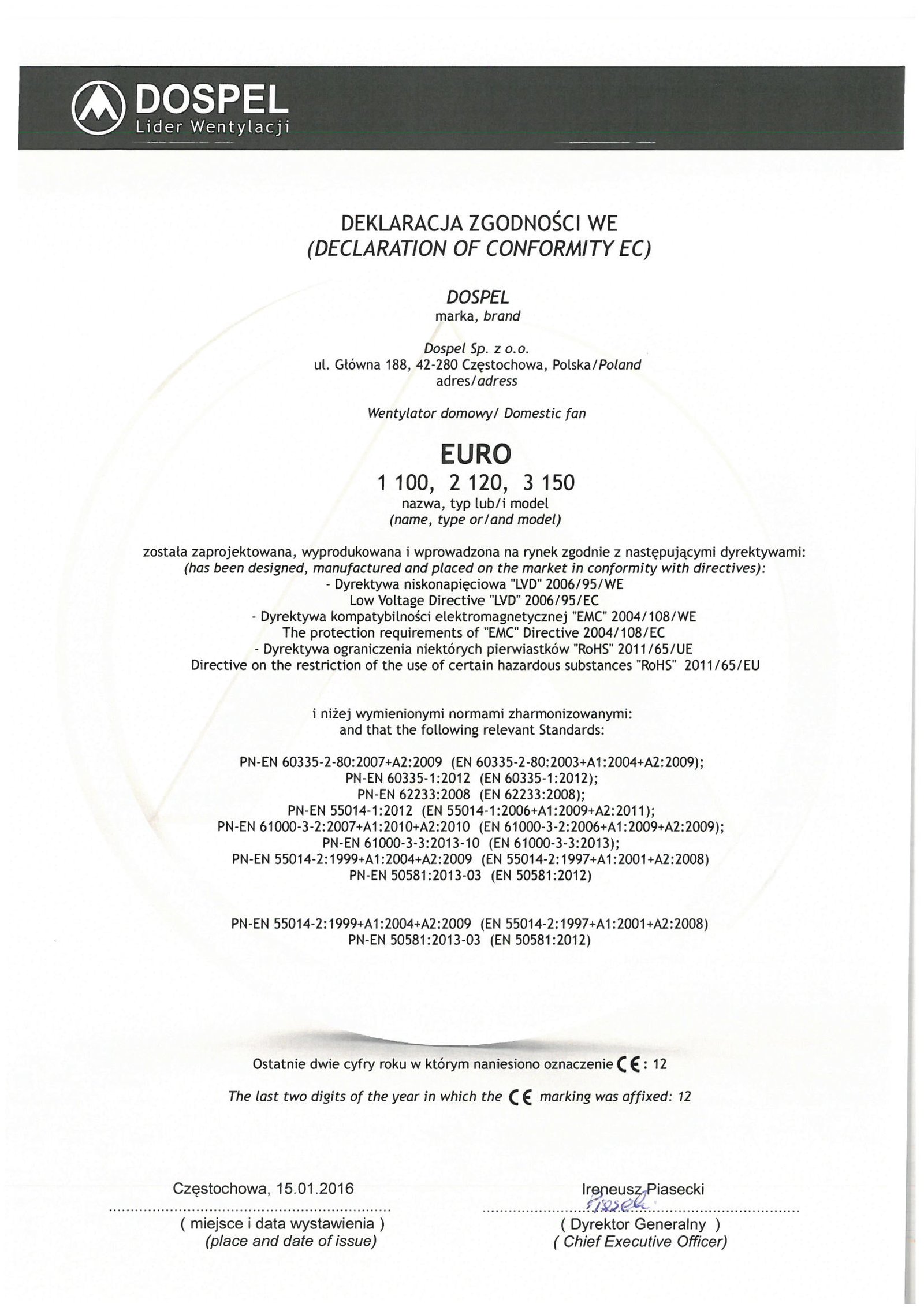 Wentylator domowy, EURO 1, 2, 3, certyfikat, deklaracja zgodności, producent wentylatorów, Dospel