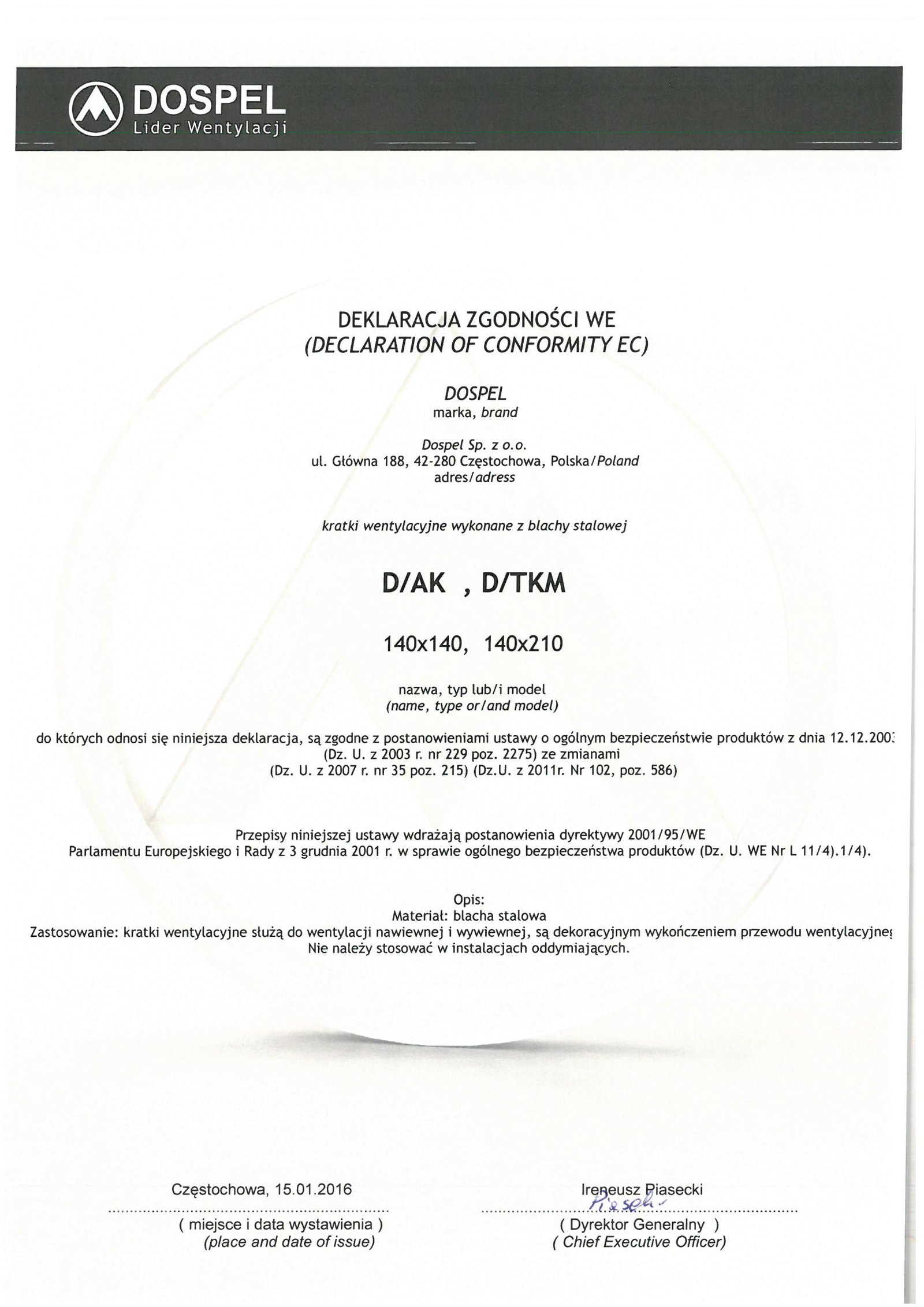 Kratka wentylacyjna stalowa D/AK D/TKM, certyfikat, deklaracja zgodności, producent wentylatorów, Dospel