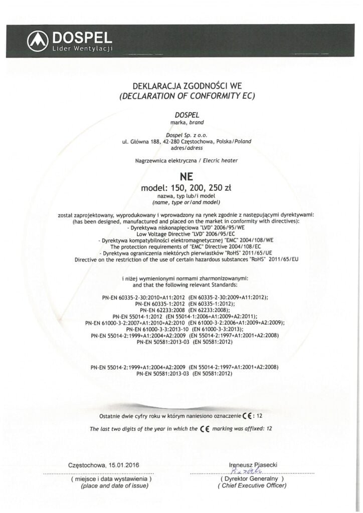 Nagrzewnica elektryczna, NE, certyfikat, deklaracja zgodności, producent wentylatorów, Dospel
