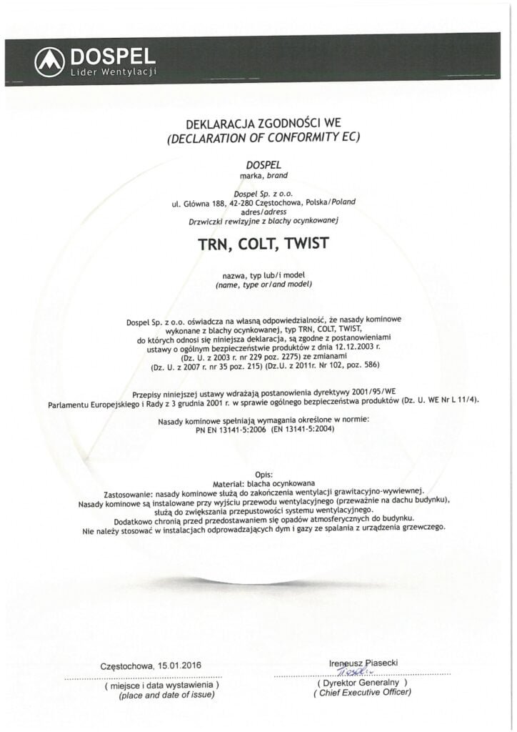 Nasady kominowe, TRN, COLT, TWIST, ertyfikat, deklaracja zgodności, producent nasad kominowych, Dospel