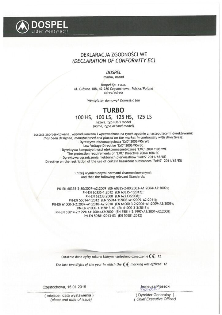 Wentylator kanałowy, TURBO, certyfikat, deklaracja zgodności, producent wentylatorów, Dospel